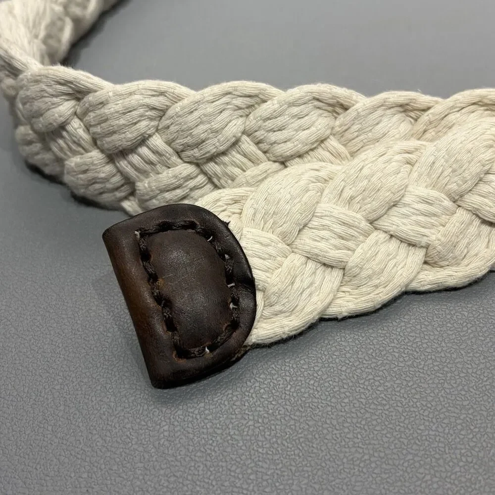 Abercrombie Fitch A&F Woven Cotton Leather Belt Size 33 Cream Moose Logo D-Rings